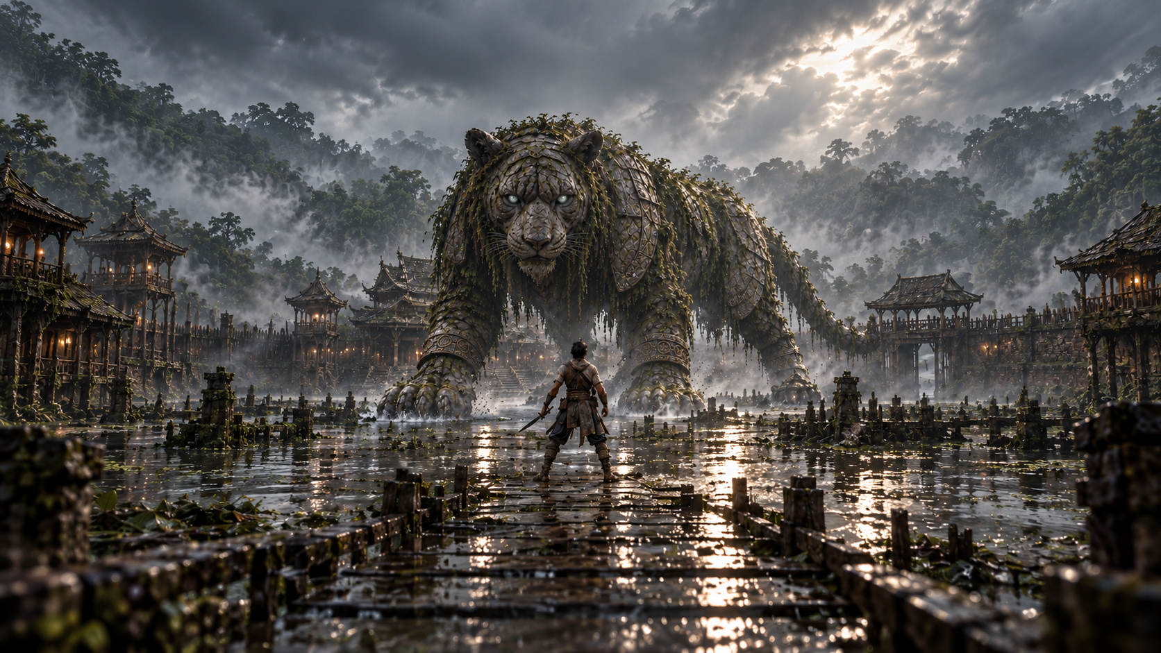 MYTH: TANAH concept artwork showing Aras facing a mythical tiger at a flooded settlement