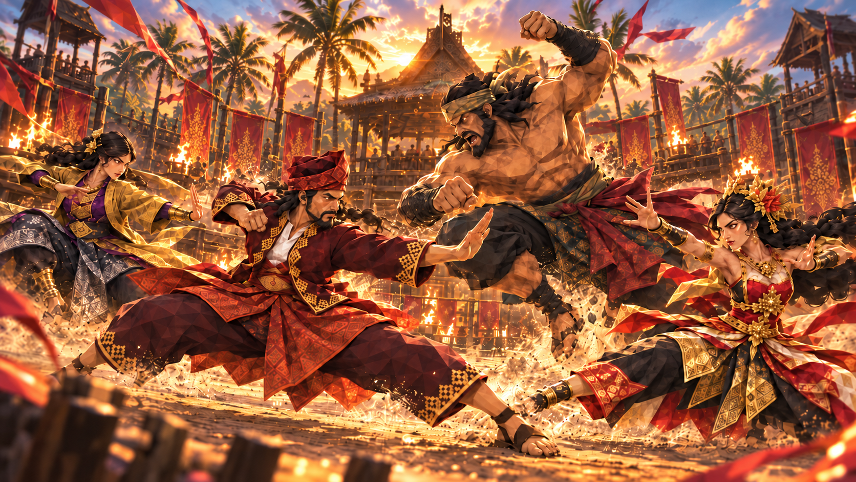 PUSAKA concept artwork showing Silat fighters moving through a torchlit courtyard